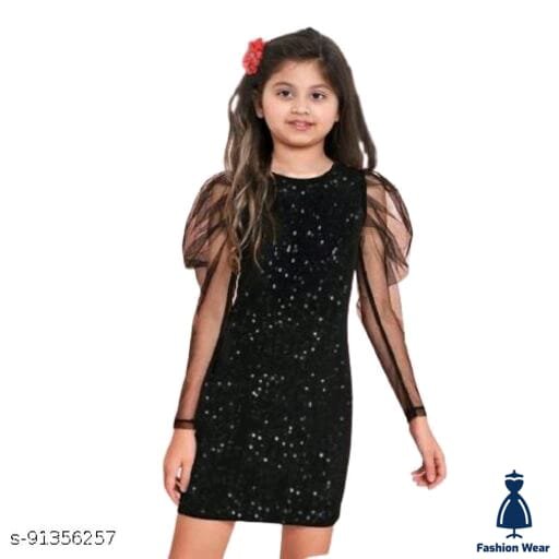 Girls Black Solid Maxi Dress With Attached Foil Printed Asymmetric Shr